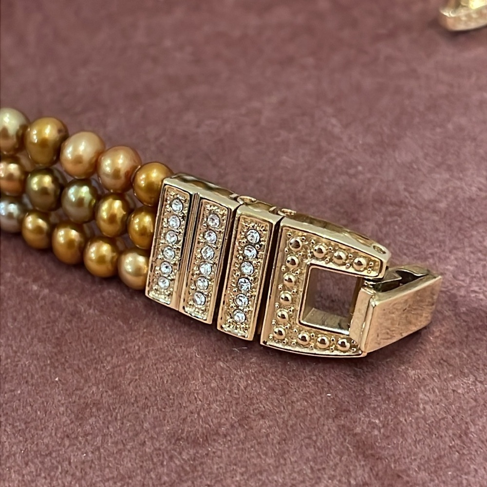 Gold Tone Three Strand Bracelet with Cultured Pearls and Rhinestones - Picture 9 of 16